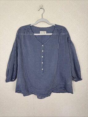 Nili Lotan Blue White Plaid Cotton Peasant Blouse Women’s Small Flowy Button Up